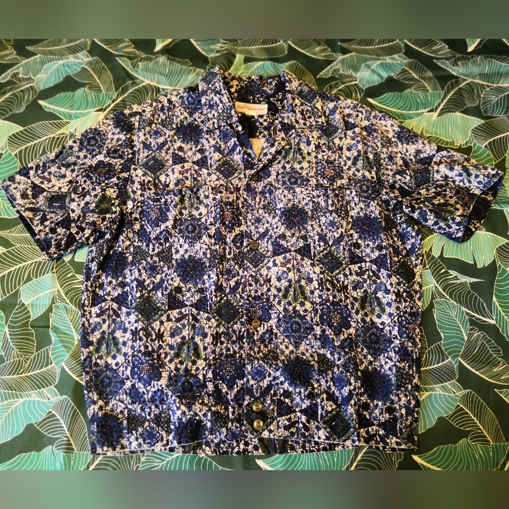 Vintage Duke Kahanamoku Blue White Beach Button Down Shirt Hawaiian Tiki